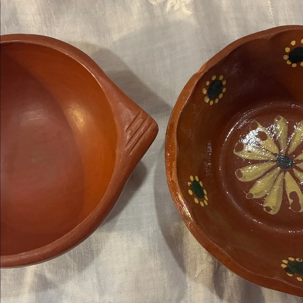 Hand Thrown Red Ware Pottery Bowls With Decorative Accents Red Ware Green Yellow